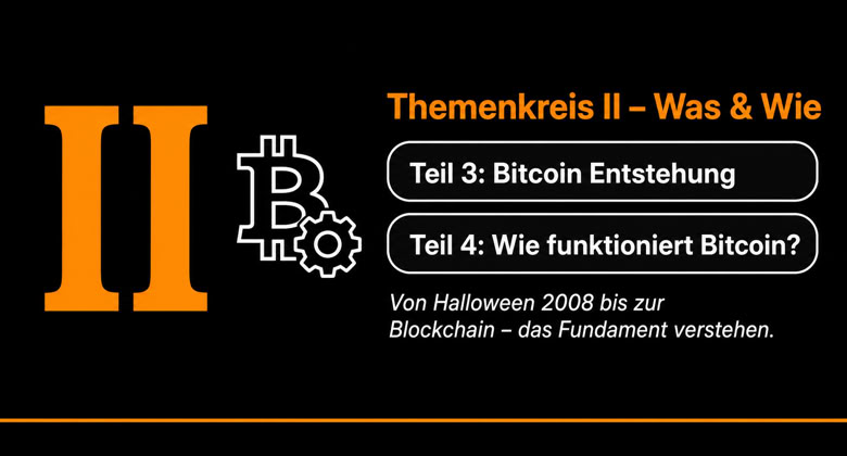 Grafik mit der Überschrift "Themenkreis II - Was & Wie", gefolgt von "Teil 3: Bitcoin Entstehung" und "Teil 4: Wie funktioniert Bitcoin?". Darunter steht "Von Halloween 2008 bis zur Blockchain - das Fundament verstehen." Links ist eine große römische Zahl II und ein Bitcoin-Symbol.