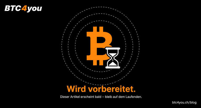 Schwarzer Hintergrund mit einem großen orangefarbenen Bitcoin-Symbol in der Mitte, darunter ein Sanduhr-Symbol und der Text "Wird vorbereitet."