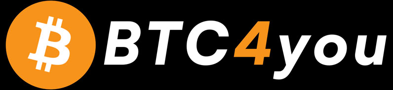Ein orangefarbenes Bitcoin-Symbol neben dem Text "BTC4you" auf schwarzem Hintergrund.
